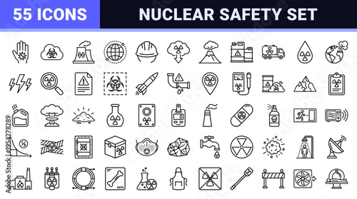 Ultra-minimalist Radiation Pollution and Nuclear Safety Monoline Icons. Geometric Line Art Symbols for Industrial Hazard and Environmental Risk.