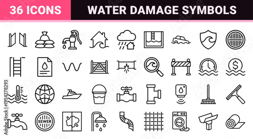 Flood Insurance and Water Damage Risk Assessment Ultra-Minimalist Monoline Geometric Line Art Icons for Professional Insurance Adjusters