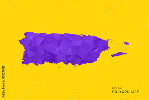 Puerto Rico Map - Low poly polygon map in vibrant purple gradient on bold yellow background, modern minimal geometric style, clean digital vector illustration.