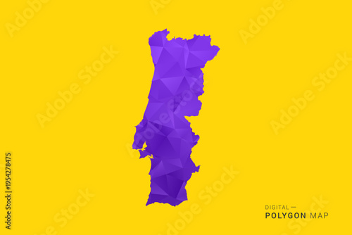 Portugal Map - Low poly polygon map in vibrant purple gradient on bold yellow background, modern minimal geometric style, clean digital vector illustration.