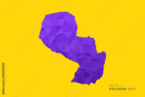 Paraguay Map - Low poly polygon map in vibrant purple gradient on bold yellow background, modern minimal geometric style, clean digital vector illustration.