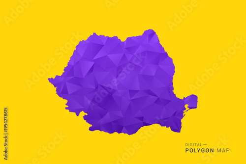 Romania Map - Low poly polygon map in vibrant purple gradient on bold yellow background, modern minimal geometric style, clean digital vector illustration.