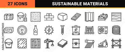 Sustainable Construction Materials and Green Building Icon Set featuring Ultra-minimalist Monoline Geometric Line Art for Eco-friendly Architecture.