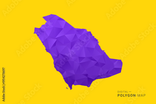 Saudi Arabia Map - Low poly polygon map in vibrant purple gradient on bold yellow background, modern minimal geometric style, clean digital vector illustration.