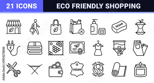 Sustainable Lifestyle and Eco-Friendly Retail Symbols Featuring Ultra-Minimalist Monoline Outline Icons for Ethical Shopping and Green Living