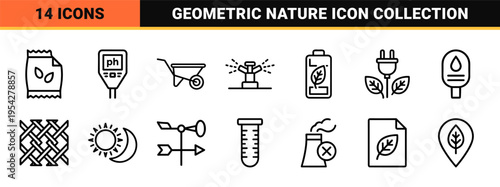 Botany and Plant Hydration Ultra-Minimalist Monoline Icons; Geometric Line Art Symbols for Horticulture, Agriculture, and Gardening Apps.