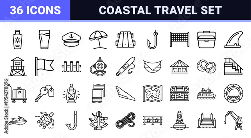 Coastal Tourism and Maritime Travel Monoline Icon Set featuring Ultra-minimalist Geometric Outlines for Professional Digital Wayfinding