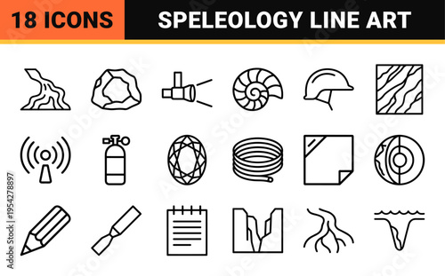 Subterranean Geology and Mineralogy Icon Set featuring Ultra-Minimalist Monoline Symbols for Speleology and Earth Sciences.