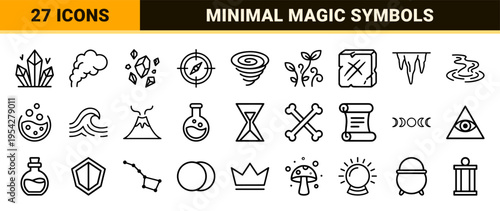 Elemental Magic and Natural Forces Icon Set featuring Ultra-Minimalist Geometric Line Art for Game UI and Mystical Creative Projects.