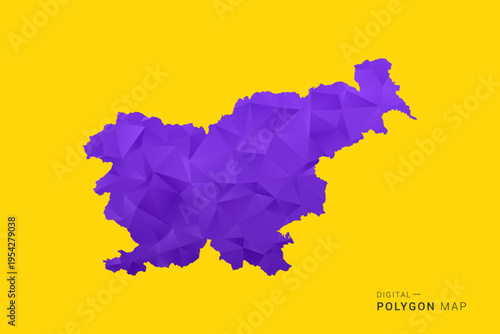 Slovenia Map - Low poly polygon map in vibrant purple gradient on bold yellow background, modern minimal geometric style, clean digital vector illustration.