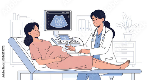 A female doctor performing an ultrasound examination on a pregnant woman in a medical office