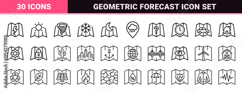 Meteorological Map Icons Featuring Ultra-Minimalist Geometric Outlines for Weather Forecasting Apps and Environmental Navigation Interfaces