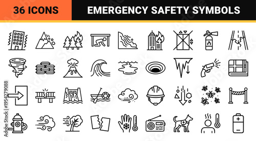 Natural Disaster and Emergency Safety Symbols featuring Ultra-minimalist Monoline Geometric Outline Style for Professional Warning Systems.