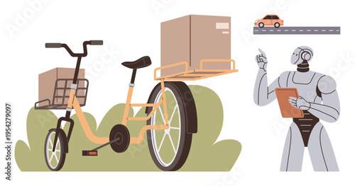 Logistics, artificial intelligence, delivery services, robotics automation, smart technology, efficiency. Robot managing boxes and bicycle. Logistics and artificial intelligence concept