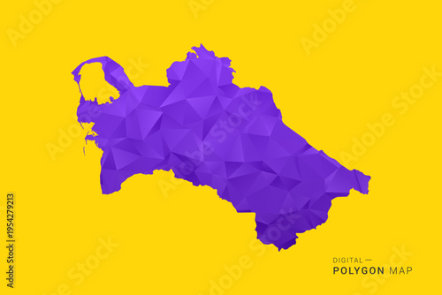 Turkmenistan Map - Low poly polygon map in vibrant purple gradient on bold yellow background, modern minimal geometric style, clean digital vector illustration.