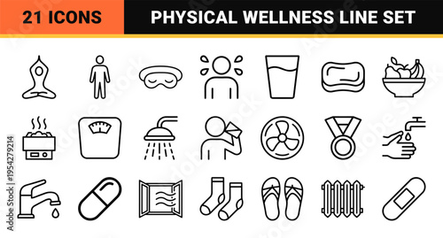 Professional Health and Physical Stress Line Icons Featuring Human Perspiration and Body Heat Regulation Symbols in Ultra Minimalist Monoline Style