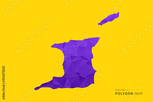 Trinidad and Tobago Map - Low poly polygon map in vibrant purple gradient on bold yellow background, modern minimal geometric style, clean digital vector illustration.