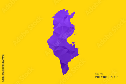 Tunisia Map - Low poly polygon map in vibrant purple gradient on bold yellow background, modern minimal geometric style, clean digital vector illustration.