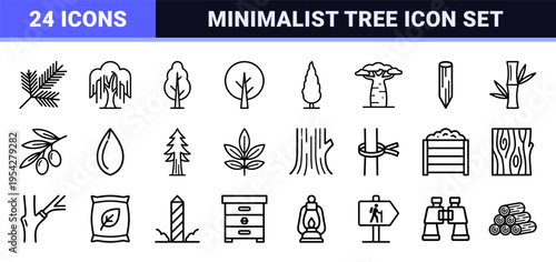 Ecology and Forestry Botanical Line Art Symbols, Ultra-Minimalist Monoline Tree and Leaf Vector Icons for Sustainable Environmental Design.