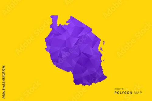 Tanzania Map - Low poly polygon map in vibrant purple gradient on bold yellow background, modern minimal geometric style, clean digital vector illustration.