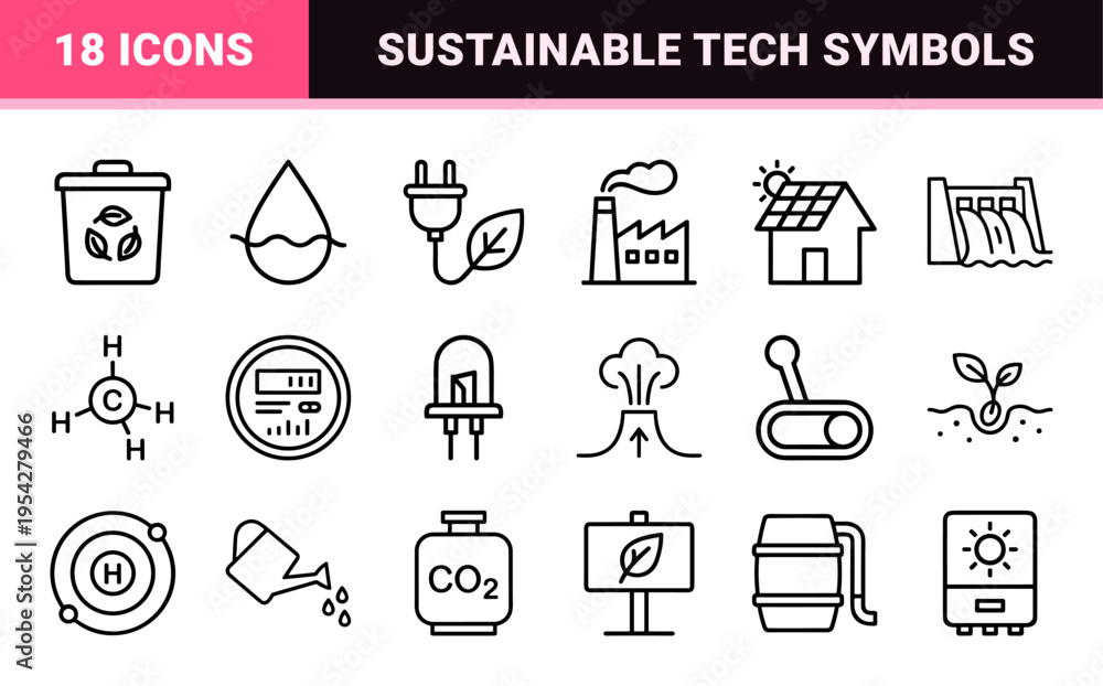 Fototapeta premium Sustainable Energy and Green Technology Ecosystem Ultra-Minimalist Monoline Geometric Line Art Icon Set for Commercial Stock Interface Design