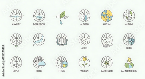 A vector graphic illustration of various mental health symbols and icons representing different conditions