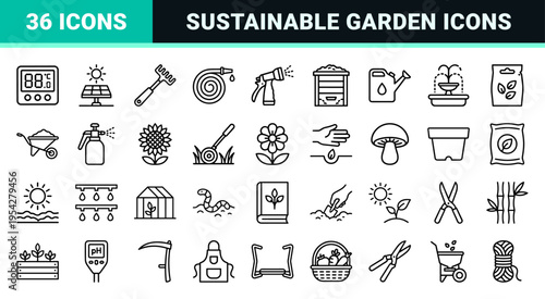 Sustainable Gardening and Eco Planting Ultra-Minimalist Geometric Line Art Icon Set for Professional Landscaping and Horticulture Apps