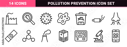 Ecological Air Quality and Pollution Prevention Monoline Icon Set featuring Ultra-Minimalist Geometric Line Art for Environmental Science.