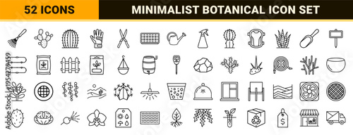 Botanical Cactus and Succulent Line Art Set featuring Minimalist Desert Vegetation and Gardening Equipment for Professional Landscaping App UI.