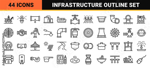 Professional Water Infrastructure and Utility Engineering Outline Symbols featuring Ultra-Minimalist Geometric Monoline Line Art Design