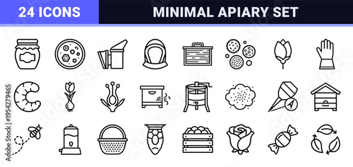 Ultra-Minimalist Geometric Apiary Line Art Icons Featuring Honeybees Flowers and Beekeeping Equipment in a Professional Monoline Aesthetic