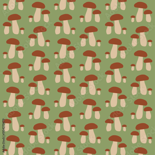 Brown Mushroom Seamless Pattern Vector. Porcini Fungi Boletus on Green Background. Trendy Flat Illustration for Autumn Nature, Fall Forest, Textile Fabric, Wallpaper and Food Packaging Design.