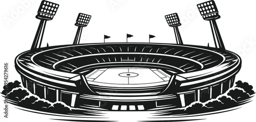 Football Stadium Arena with Floodlights Vintage Sports Venue Illustration.