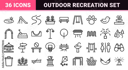 Public Park and Outdoor Recreation Facilities Thin Line Icon Set featuring Ultra-minimalist Geometric Symbols for Wayfinding and Urban Planning