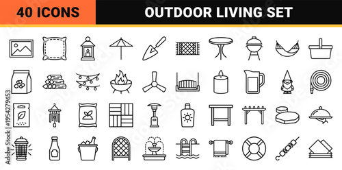 Outdoor Living and Backyard Patio Ultra-Minimalist Monoline Icon Set for Professional UI Design and Branding