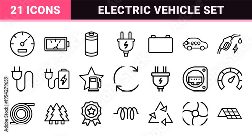 Electric Vehicle Charging and Sustainable Energy Infrastructure Ultra-Minimalist Monoline Geometric Outline Icon Set for Clean Tech Design