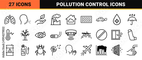 Ultra-minimalist Monoline Particle Pollution and Respiratory Health Icon Set featuring Geometric Line Art for Environmental Quality Monitoring