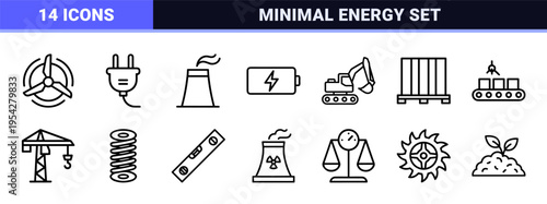 Industrial Manufacturing and Environmental Energy Ultra-Minimalist Monoline Icon Set Featuring Geometric Line Art for Sustainable Infrastructure