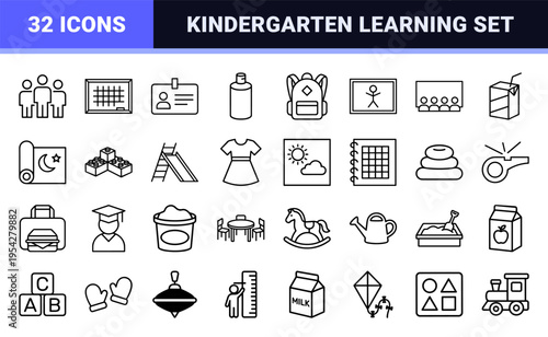 Preschool and Kindergarten Education Icon Set featuring Ultra-Minimalist Geometric Outlines for Classroom Activities and Early Learning Supplies.