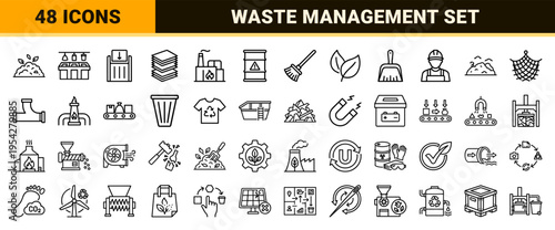 Sustainable Waste Management and Industrial Recycling Symbols: Ultra-Minimalist Monoline Vector Line Art for Urban Sanitation and Circular Economy.