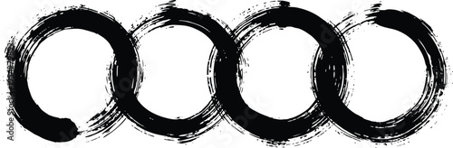 Four black brush stroke circles in a row on white background  abstract art