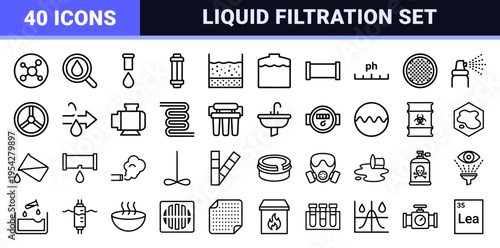 Ultra-Minimalist Monoline Water Filtration Icons for Contaminated Liquid Detection and Environmental Safety Compliance Visual Assets