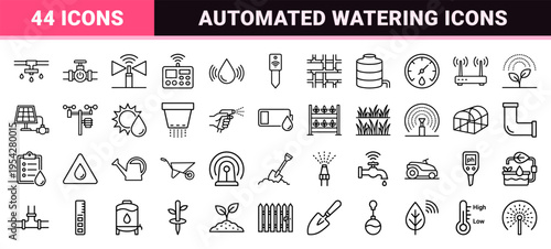 Smart Irrigation and Precision Agriculture Technology Icon Set featuring Ultra-Minimalist Monoline Symbols for Automated Water Management