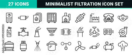 Air Quality and Industrial Filtration Ultra-Minimalist Monoline Icons Featuring Geometric Line Art for Environmental Engineering and HVAC