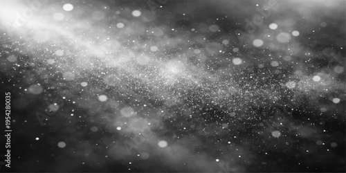 Abstract black and white background with glowing bokeh lights and shimmering particle dust effects