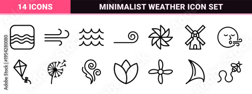 Atmospheric Wind and Air Current Symbols featuring Ultra-Minimalist Monoline Aesthetic for Meteorology and Renewable Energy Interface Design.