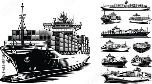 Collection of container ship vector illustrations in high contrast black and white for global logistics and maritime shipping.