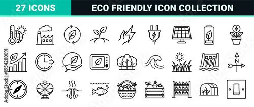 Ultra-Minimalist Monoline Sustainability Icon Set Featuring Geometric Line Art Symbols for Renewable Energy, Ecology, and Green Technology.