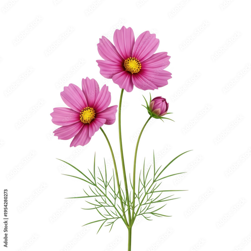 Fototapeta premium A pink flower with yellow center and green stems isolated on transparent background
