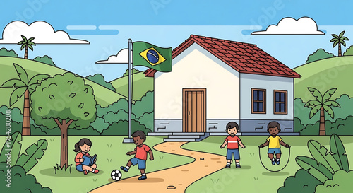 A colorful vector illustration of children playing outside a house with a Brazilian flag